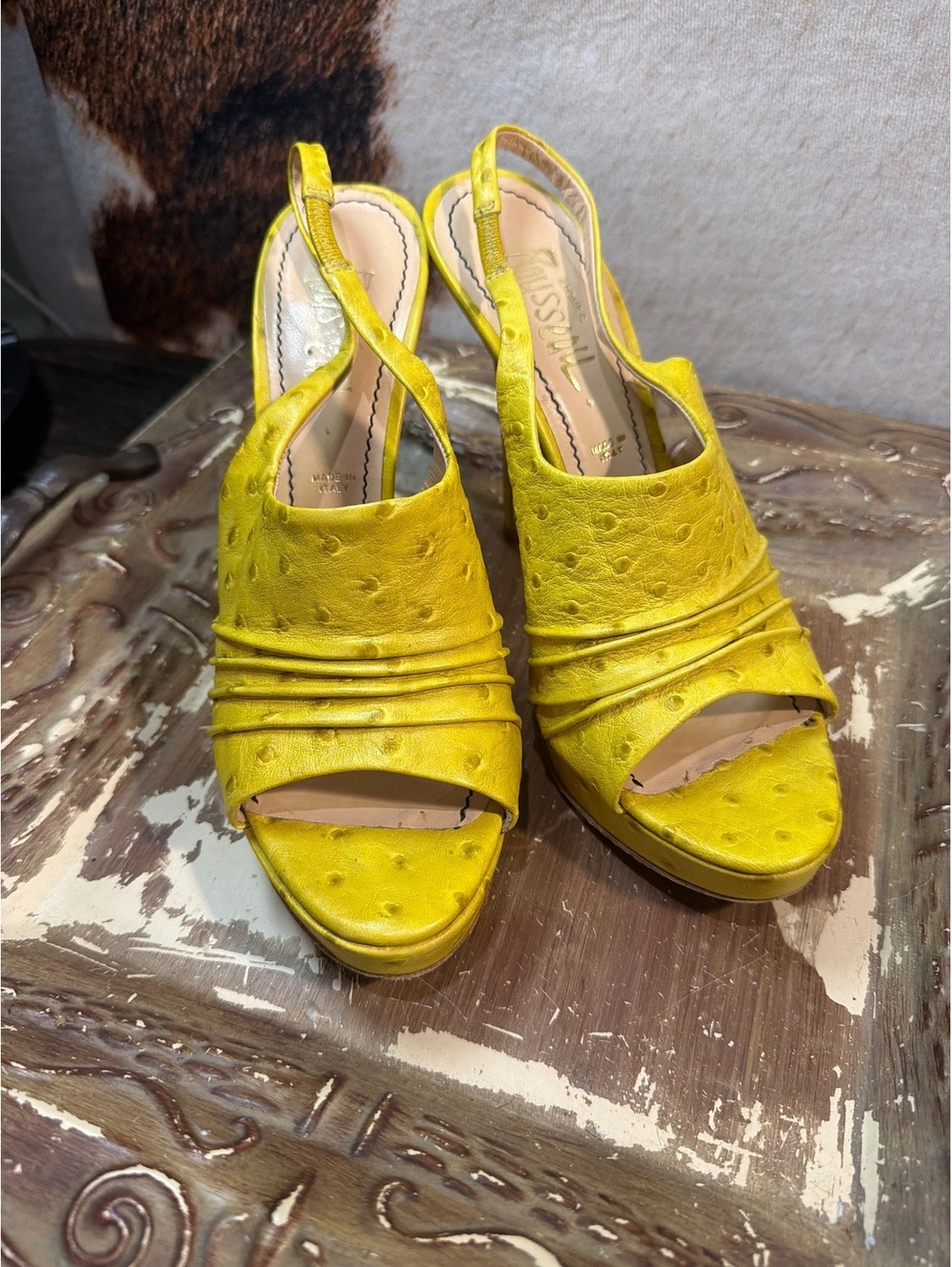 Jerome C. Rousseau Yellow Ostrich Leather Slingback Heels Size 39